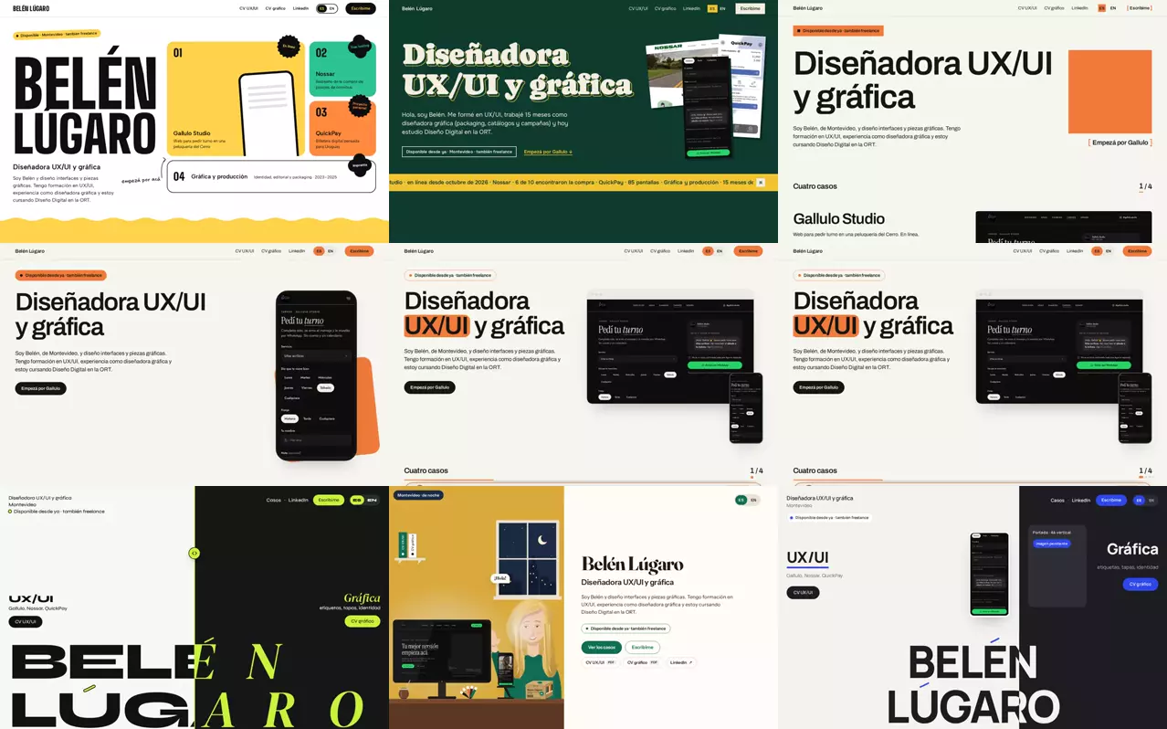 Nueve de las propuestas que se probaron para este portfolio, en una grilla: cada una con otra paleta, otra letra y otra primera pantalla.