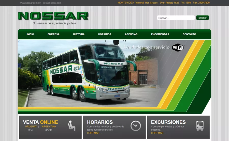 La portada de nossar.com.uy en 2022: siete secciones en el menú y la venta en línea en una de tres cajas al pie.