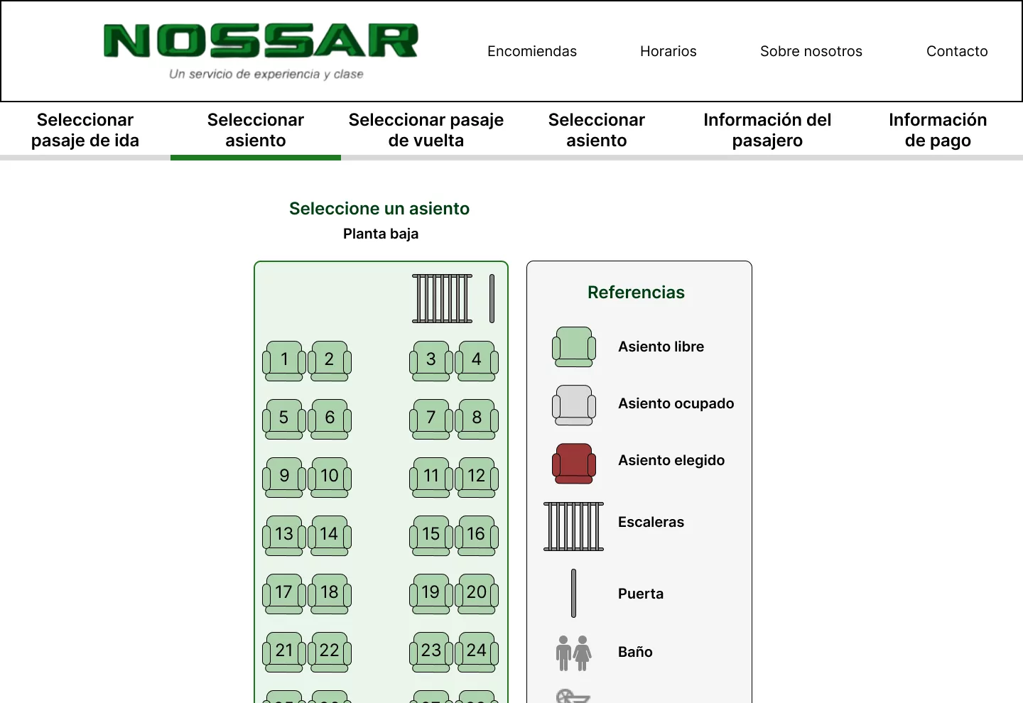 El paso «Seleccionar asiento» del prototipo de Nossar, con el indicador de seis pasos arriba y el mapa de asientos.