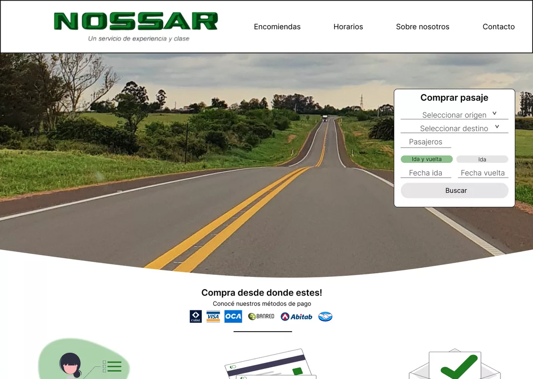 La portada rediseñada de Nossar (prototipo de curso, 2023): el menú con cinco secciones y el buscador «Comprar pasaje» sobre una foto de ruta.