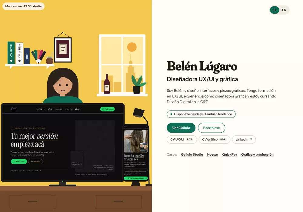 La primera pantalla de «El escritorio de Belu», de la ronda 7: Belu ilustrada en su escritorio y, a la derecha, el nombre y los botones.