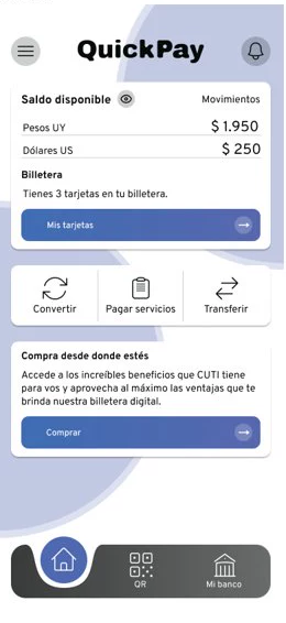 Inicio de QuickPay: el saldo en pesos y en dólares y los accesos a convertir, pagar servicios y transferir.
