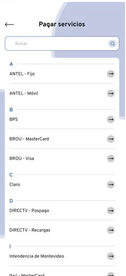 Pagar servicios: un buscador y la lista ordenada de la A a la Z, de ANTEL a la Intendencia de Montevideo.